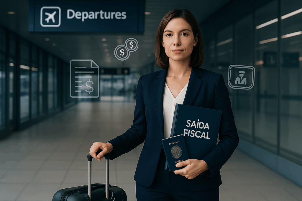 Advogado segurando documentos ao lado de mala em aeroporto, representando saída fiscal de brasileiros no exterior – Martins Maia Advogados